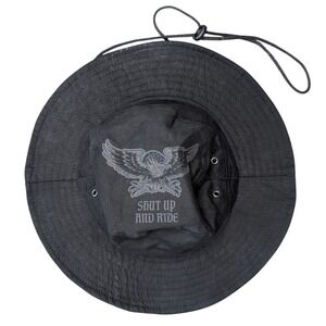 Crooked Clubhouse Black Boonie Hat Adjustable Neck Strap Summer Sun Hat Biker